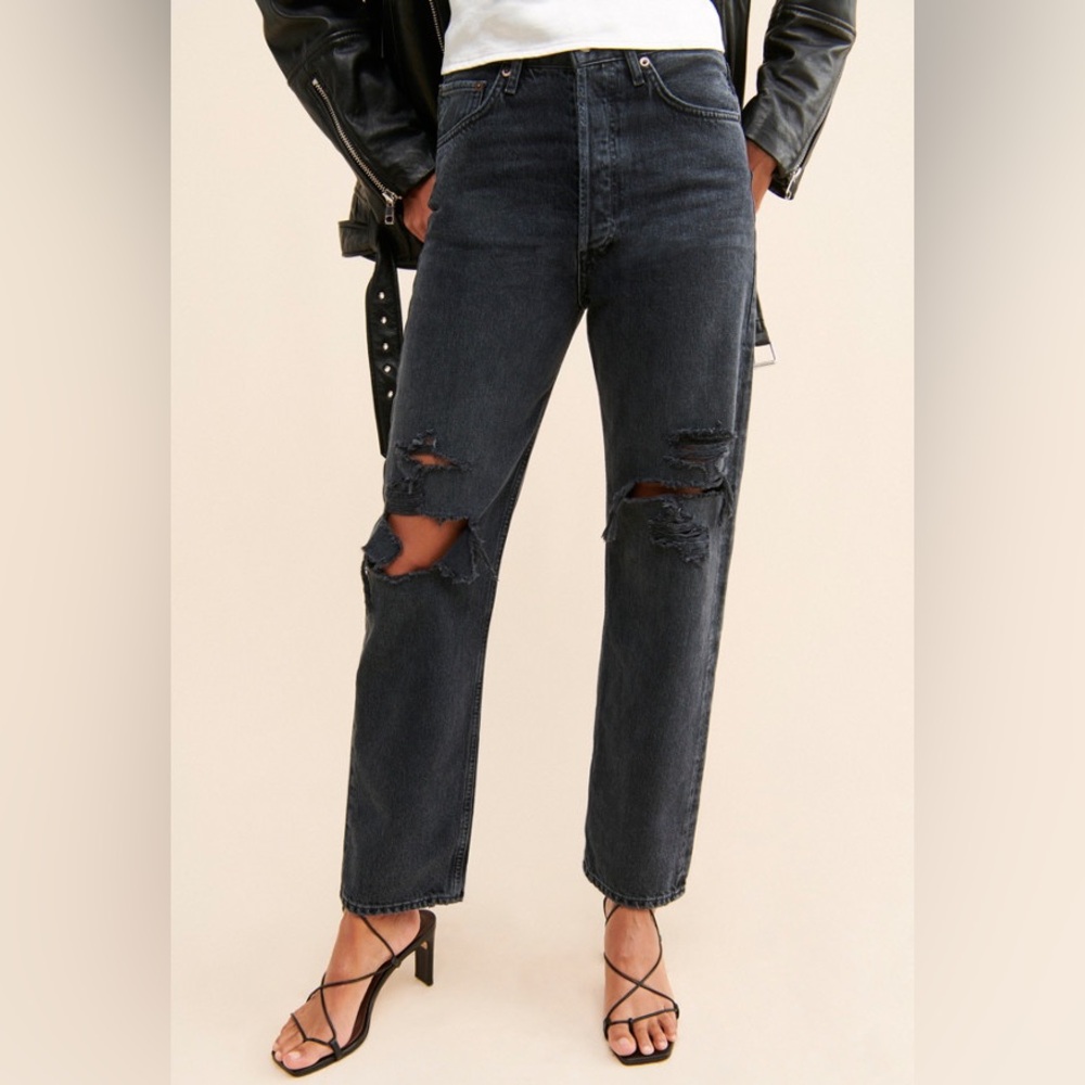 AGOLDE 90s Mid Rise Loose Jean in Vagabond Black Distressed Jeans Size 25 EUC